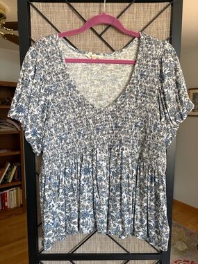 Lucky Brand Blue and White Smocked V-Neck Peplum Top